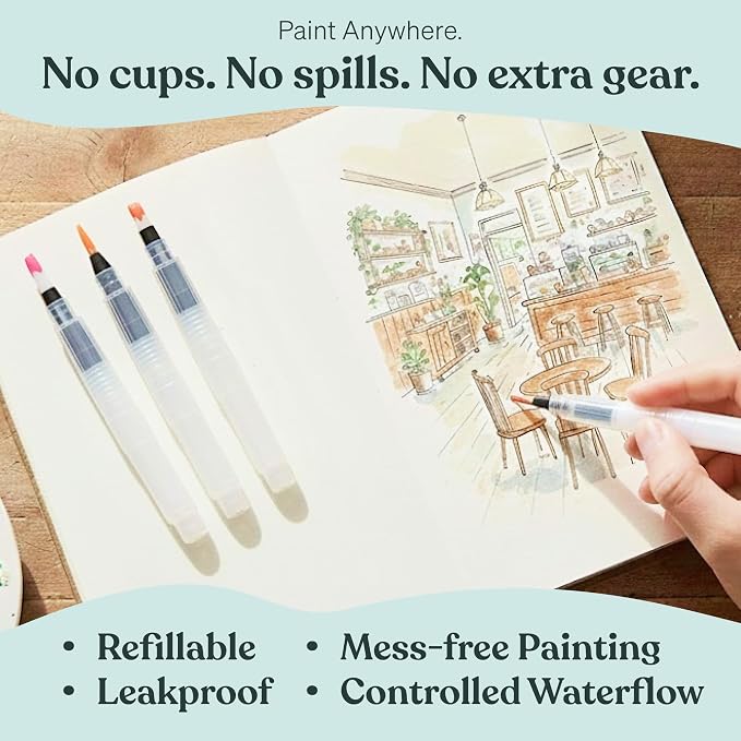 Original Tobios Watercolor Brush Pens Set – 4 Refillable Water Pens for Artists, Adults & Beginners, Leakproof Brush Tips for Blending, Calligraphy & Adult Coloring, Portable Paint Brush Set, Art Gift