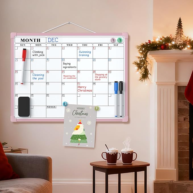 MaxGear Monthly Calendar Dry Erase Board for Wall, 16"x12", Pink Frame | Double-Sided, Hanging Small White Board, Portable Whiteboard for Planning, Drawing, Memo, to Do List, Home, Kitchen, Office