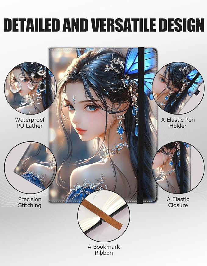 Hardcover Executive Notebooks, A5 PU Leather Lined Journal Notebook, 200 Pages Thick Paper Subject Notebooks for School,Work,Home Writing Business Notebook, Diary Book ，Anime Girl