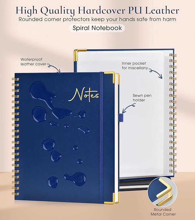 Hardcover Spiral Notebook Journal 8.5” x 11”, A4 Large Leather Notebooks for Women Men, Lined College Ruled Notebook, 100 GSM Paper, Spiral Bound Journals for Work School Note Taking Business, Navy