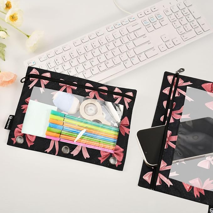 Pink Red Bow Black Pencil Pouch for 3 Ring Binder 2 Pack Zipper Binder Pencil Bag Case with Clear Window Office Supplies