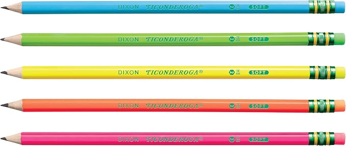 Ticonderoga Wood-Cased Pencils, Pre-Sharpened, #2 HB Soft, Neon Colors, 18 Count