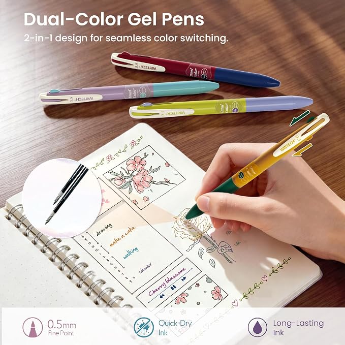 WRITECH Gel Pens Journaling Highlighters: Journal Set Aesthetic Assorted Vintage Color Ink 0.5mm Fine Point Retractable 2 in 1 Pen Smooth Writing Drawing 10ct