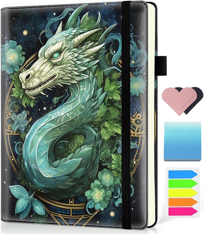 Hardcover Executive Notebooks, A5 PU Leather Lined Journal Notebook, 200 Pages Thick Paper Subject Notebooks for School,Work,Home Writing Business Notebook, Diary Book ， Green Dragon