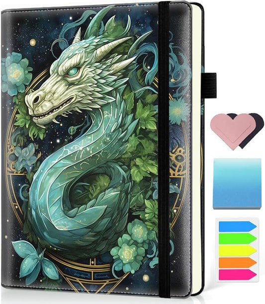Hardcover Executive Notebooks, A5 PU Leather Lined Journal Notebook, 200 Pages Thick Paper Subject Notebooks for School,Work,Home Writing Business Notebook, Diary Book ， Green Dragon