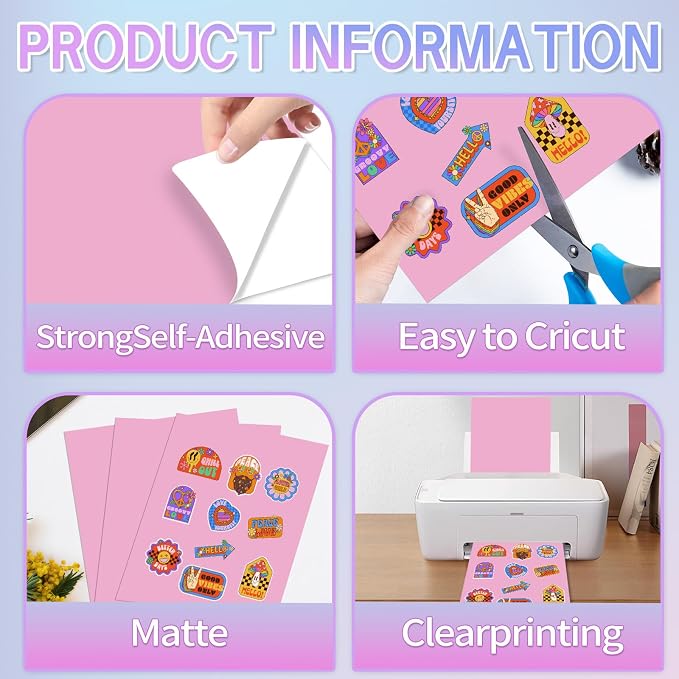 Matte Pink Printable Sticker Paper, 25 Sheets Printable Sticker Paper, Laser/Inkjet Printing- Letter Size (8.5" x 11")