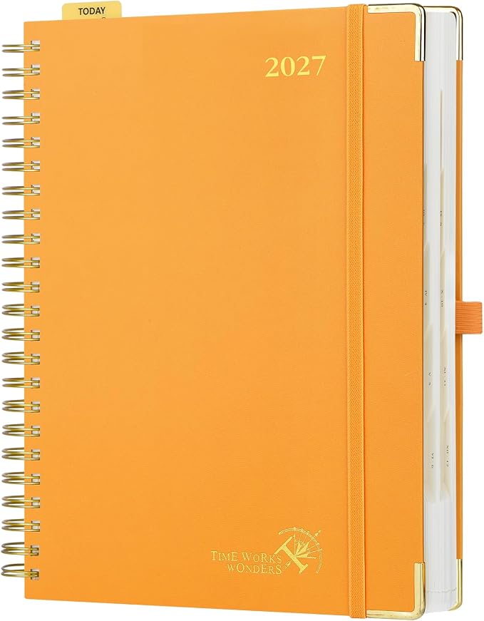 POPRUN 2027 Daily Planner One Page Per Day, Large 8.5" x 12", Calendar Book from Jan 2027 - Dec 2027, Hardcover Appointment Book with Hourly Time Slots, Spiral Bound, Monthly Tabs - Orange