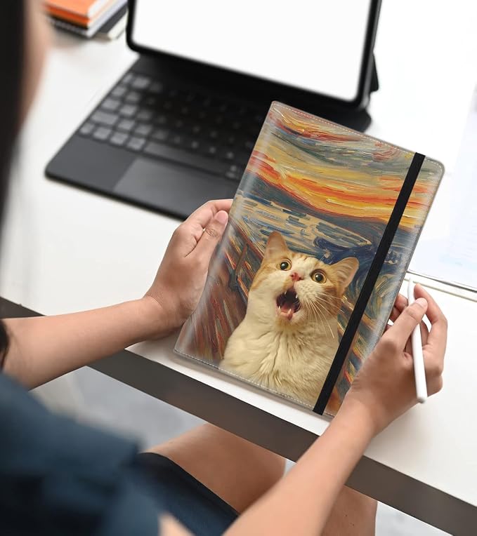 A5 Leather Lined Journal Notebook, 200 Pages Hardcover Executive Notebook for Men Women Office School Note Taking, Thick Writing Paper Daily Journal with Bookmarks/Indexes,Funny Cat