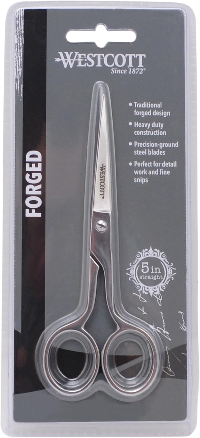 Westcott 5in Forged Fabric and Paper Scissors, Precision Scissors for Embroidery Detail, Sewing, Quilting, Tailoring, Arts and Crafts