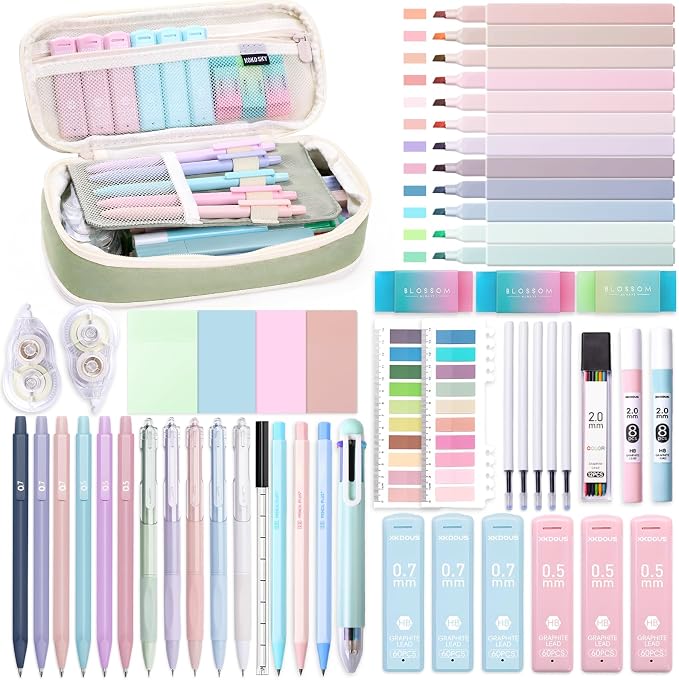 XKDOUS 54PCS All-in-One Cute School Supplies with Large Pen Case, 12 Pastel Highlighters, 5 Gel Pens, 9 Mechanical Pencils 0.5mm, 0.7mm & 2.0mm Stationary Set for Writing, Drawing & Drafting
