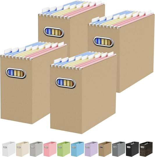 Oterri File Organizer Box, Portable Collapsible Cardboard File Folder Organizer with Handle for Letter Size Hanging Files, Document Storage Box for Home Office & Classroom (4 Packs, Brown)