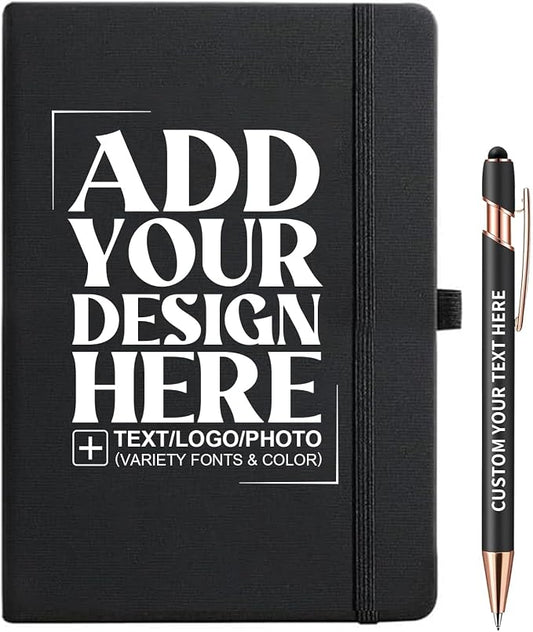 Personalized Notebook with Pen - Customizable A5 Journal Notebook Daily Journals For Writing - 5.8 x 8.3 Journal with 192 Pages 100Gsm Lined Paper for School, Travel, Business, Black