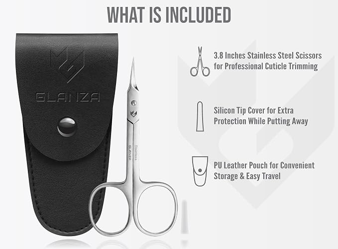 Precision Cuticle Scissors Extra Fine Curved & Pointed Super Sharp small Blades, German Quality Stainless Steel with Leather Case, Nail Care Manicure, Pedicure, Eyebrow, Eyelash & Mustache Scissors