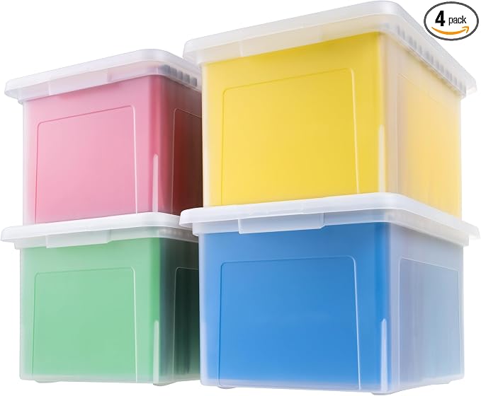 IRIS USA File Box, Plastic File Organizer with Lids for Letter/Legal File, Portable Document Box For Moving, Storage Bin with Durable and Secure Lid, Stackable Nestable BPA-Free, Clear 35 Qt. 4 Pack