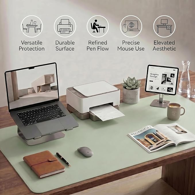 Large Desk Pad Non-Slip Desk Mat Protector for Keyboard Mouse Waterproof Vegan Leather Surface Faux Leather Laptop Mat Smooth Mouse Pad Premium Gift Tube Matcha Green 55" x 23"