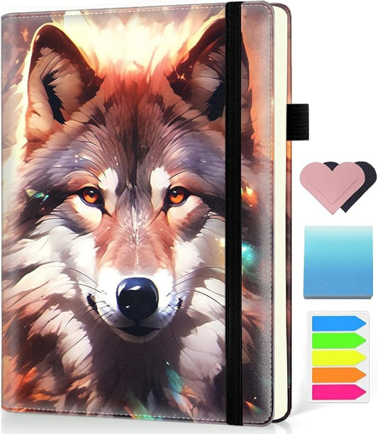 Hardcover Executive Notebooks, A5 PU Leather Lined Journal Notebook, 200 Pages Thick Paper Subject Notebooks for School,Work,Home Writing Business Notebook, Diary Book ， Wolf