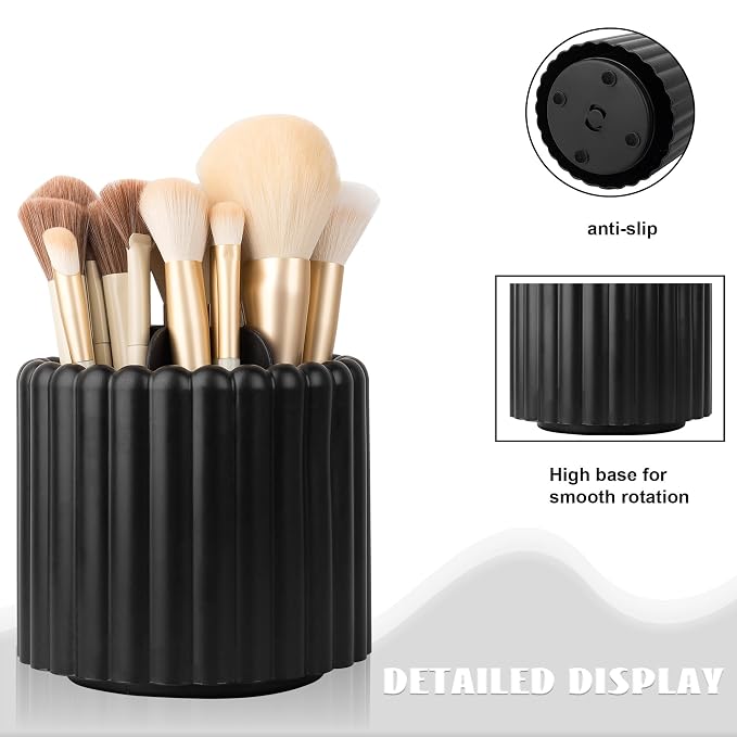 Rotating Makeup Brush Holder Organizer with Removable Dividers, Black | 7 Slots Make Up Brush Organizer 360 Spinning Cosmetic Storage Pen Holder for Desk, Vanity, Dresser