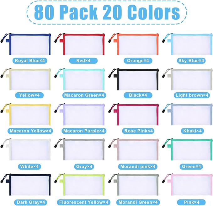 Leelosp 80 Pcs Mesh Zipper Pouch Bulk Mesh Pencil Pouches 10 Color Zipper Bag for Back to School Supplies Cosmetic Office Classroom Travel Appreciation Gift(Multicolor,9 x 4.7 Inch)