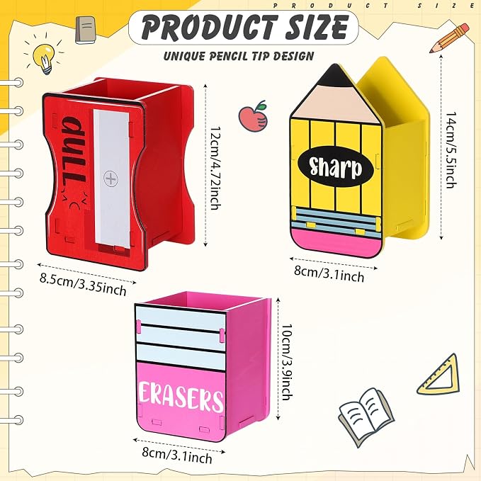 AmazingSpark 3 Pcs Pencil Shaped Holder Sharp and Eraser and Dull Holder Wooden Dispenser Pencil Storage Organizer for Back to School Management Organization (Bright,Dull)