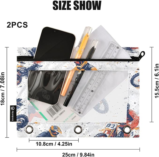Wamika Motorcycle White Binder Pouches 3 Ring for Boys Girls School Office College Supplies Motocross Sports Grunge Pattern Pencil Pouches Case Bag with Clear Window and Zipper 2 pack