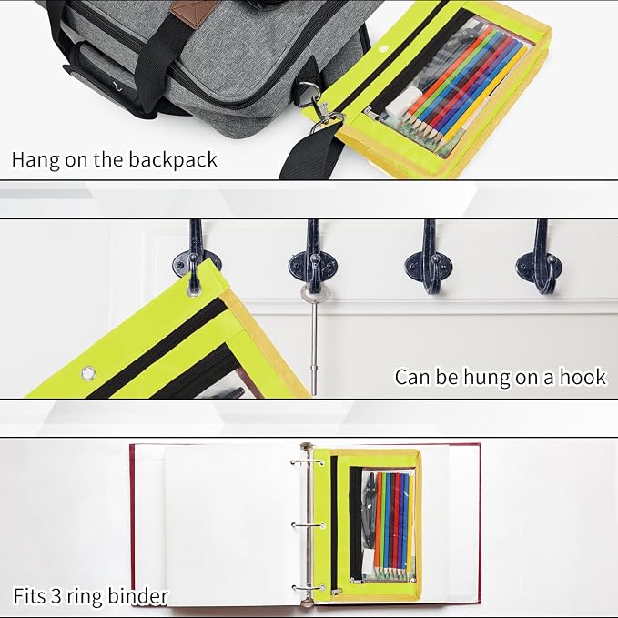 YoeeJob 2 Pack 1 Inch Expandable Zipper Pencil Pouches with Clear Window for 3 Ring Binder, Suitable for School & Office（Yellow）