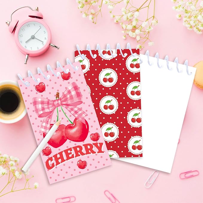 Cherry Mini Coil Notepad 24 Pcs, 2.36 x 3.94 Inch Cute Small Notebooks with 8 Adorable Cherry Designs, 16 Sheets 32 Pages, Memo Pads for Daily Planning, Shopping Lists, Office School Supplies