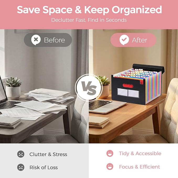 SKYDUE Accordion File Organizer with 26 Pockets & Label Stickers, Expanding File Folders Fit for A4 & Letter Size Paper, Multi-Functional Document Organizer for Home & Office File Management