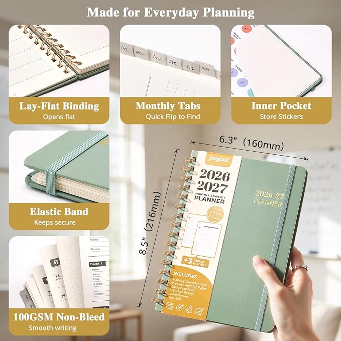 JoyCat Academic Planner 2026-2027, A5 Weekly & Monthly, Green | July 2026-June 2027 A5 planner combines weekly and monthly layouts, tabs, grid notes and sticker sheets.