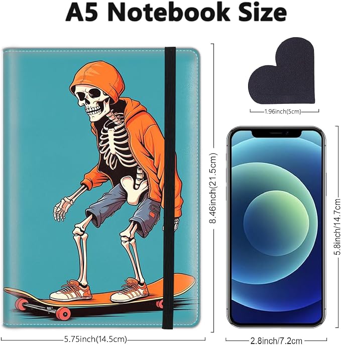A5 Leather Lined Journal Notebook, 200 Pages Hardcover Executive Notebook for Men Women Office School Note Taking, Thick Writing Paper Daily Journal with Bookmarks/Indexes, Skateboard Skeleton