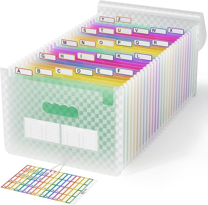ABC life 26-Pocket Accordion File Organizer, Expandable Monthly Bill & Receipt Holder with Colored A-Z Tabs, Portable Folder Organizer for Home Office School, Fits Letter/A4 Size - Green