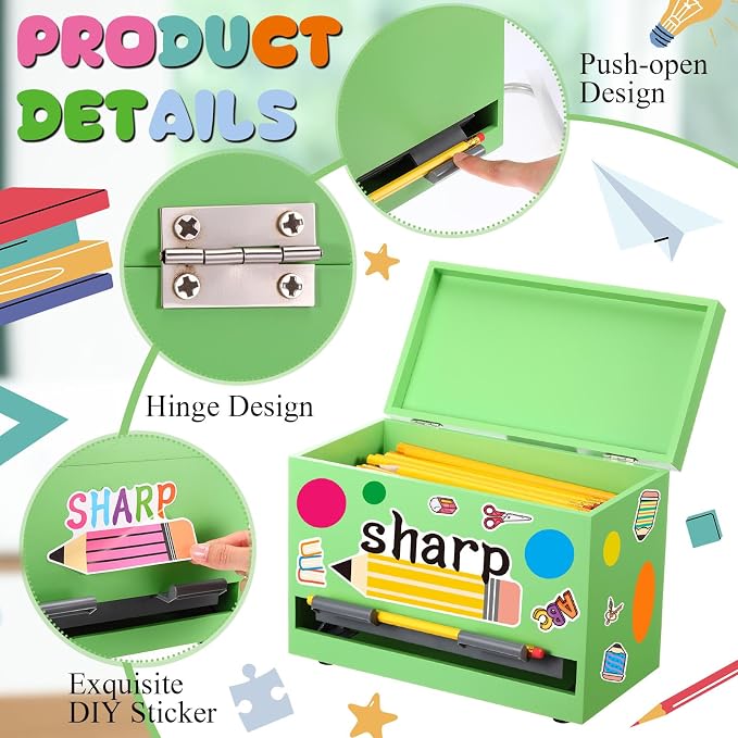 Mifoci 8 Pcs Wooden Pencil Dispenser Kit for Classroom Wooden Pen Holder Straw Dispenser Sharp and Dull Letter Stickers for Teachers Classroom Supplies Storage (Green)