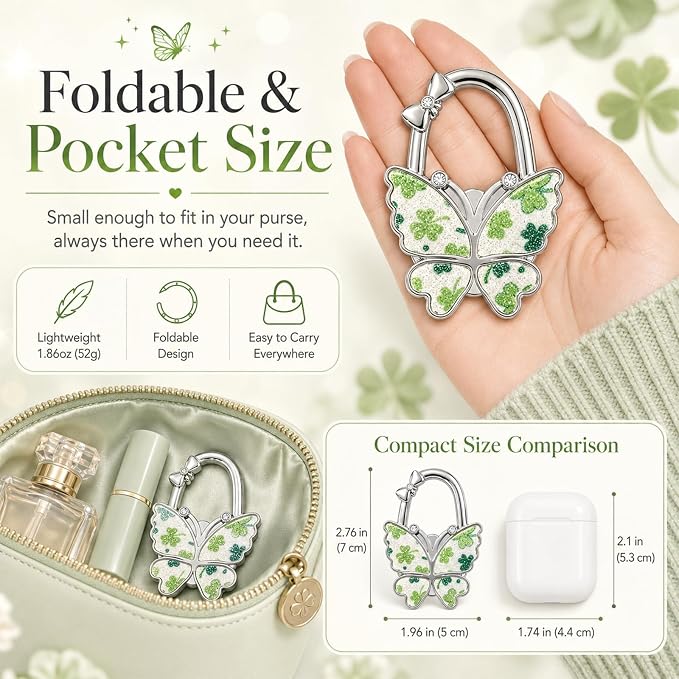 Purse Hook for Table, Foldable Handbag Hanger for Women, Portable Bag Holder with Non-Slip Base, Cute Bling Clover Butterfly Purse Table Hook for Restaurant Office Travel Gift