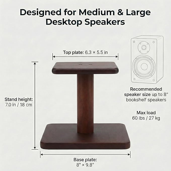 Desktop Speaker Stands Made of Pure Solid Wood, Natural Style, 360° Rotatable Top Plate, Suitable for Medium/Large Tabletop Speakers and Studio Monitors (Walnut Brown Finish_DSS9(12 inch))