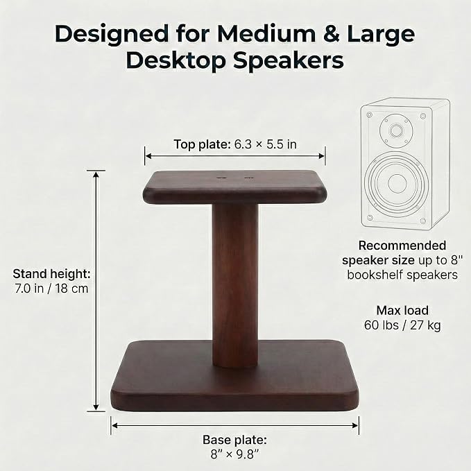Desktop Speaker Stands Made of Pure Solid Wood, Natural Style, 360° Rotatable Top Plate, Suitable for Medium/Large Tabletop Speakers and Studio Monitors (WalnutBrown Finish_DSS7(7 inch))