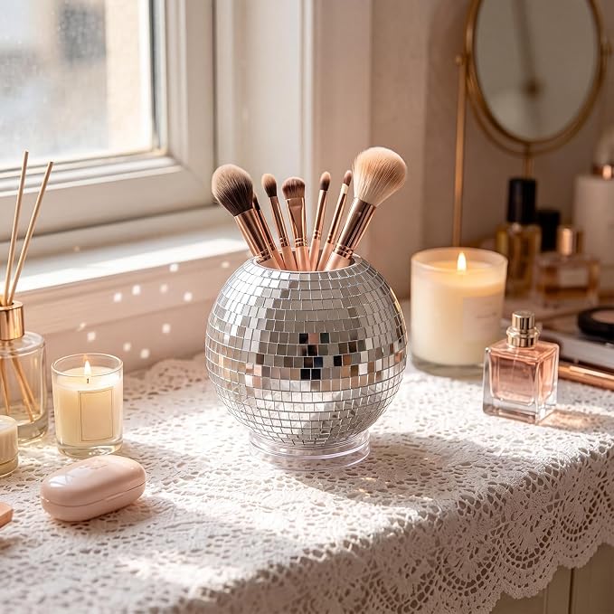 Disco Ball Pencil Holder for Desk 360 Degree Rotating Pen Makeup Brush Organizer with Silver Sequins 4.5 Inch Disco Back to School Desk Accessories for Office Classroom Bedroom Decor