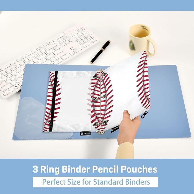 Gredecor 3 Ring Binder Pencil Pouch, Ball Softball Basebal Laces (1) Zippered Pen Case Pouches with Clear Window, 2 Pack Stylish Office & School Supplie