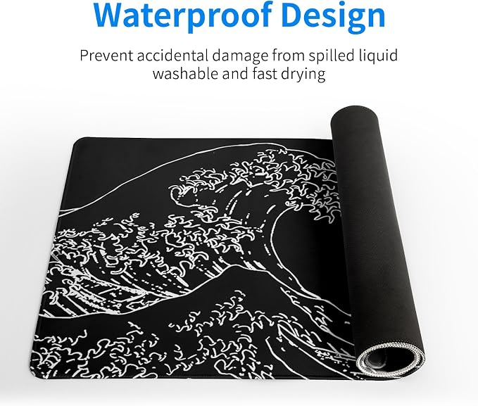 Japanese Sea Wave Gaming Mouse Pad 27.6x11.8 Inch Anime Black Large Mousepad Extended Kanagawa Mousepad Gaming Non-Slip Rubber Base Stitched Edges Keyboard Mouse Mat Desk Pad for Office Home Game