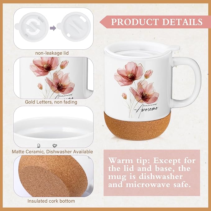 Sayglossy 4 Pcs Thank You Gifts Set for Women Back to School Teacher Appreciation Gift Leather Notebook Pink Flower Coffee Mug Scented Candle Ballpoint Pen for Employee Coworker DSP Housekeeping Week