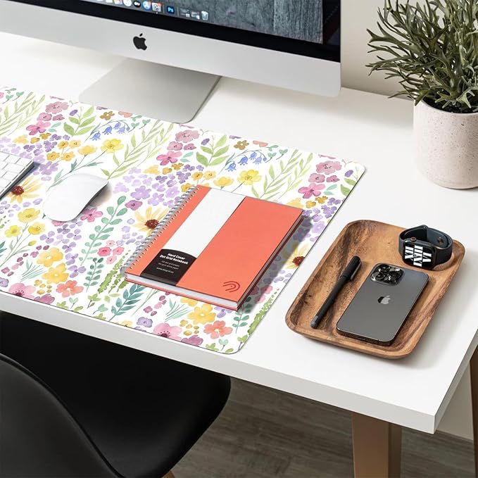 Flower Large Mouse Pad, Floral Desk Matt for Desktop, PU Leather Waterproof Desk Pad, Computer PC Laptop Protector Gaming Mouse Pads for Women Office Decor (23.6" x 11.8")