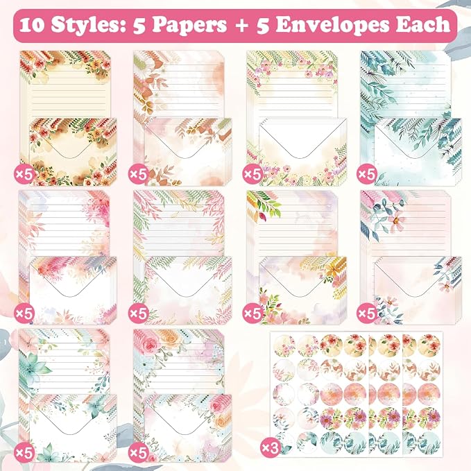 FUNCLASS 160 Pcs Floral Stationery Set Letter and Envelopes | 50 Lined Stationery Paper and 50 Matching Envelopes , 5.5 x 8.25 Inches Letter Writing Stationery for Home, Office, School