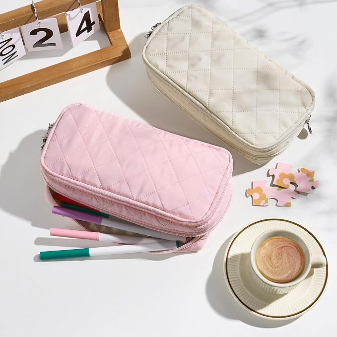 Sooez Large Pencil Case Pouch, Extra Big Pencil Bag with 8 Compartments, Pen Bag Wide Opening, Soft Quilted Pencil Pouch Organizer with Zipper, Portable Pencil Case for Teen Girls, Blush