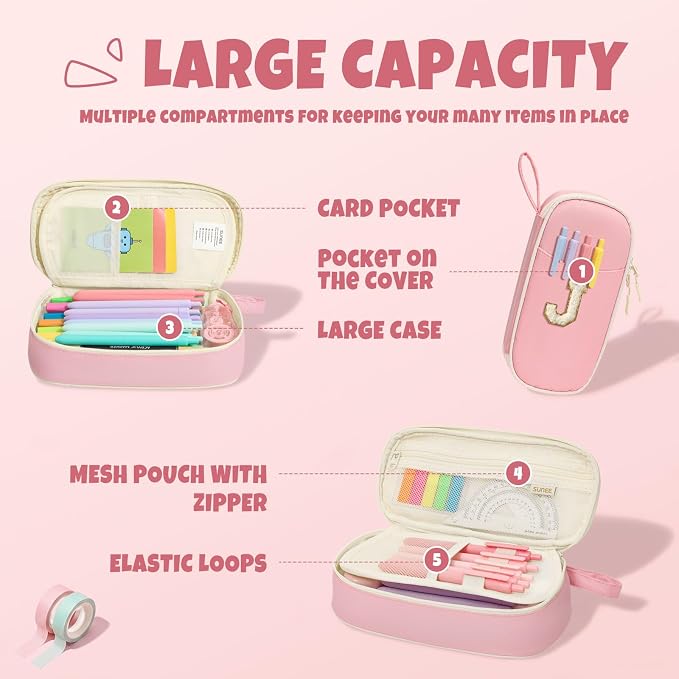 SUNEE Cute Pencil Case, Kawaii Big Capacity Pencil Pouch, Personalized Initial Pencil Bag with Zipper, Stationery Storage and Organizer, Back to School Supplies, Pen Box for Girls & Boys, Teen, J-Pink