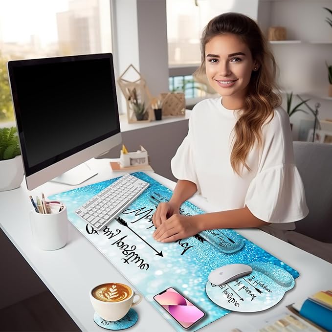 LIMKRIAN Desk Mat Pad Set, Large Mouse Pad with Wrist Rest, Stay Positive | Ergonomic Mouse Pad, Gaming Computer Keyboard Mat Wrist Support, Coaster, Home Office Desk Accessories Decor Supplies
