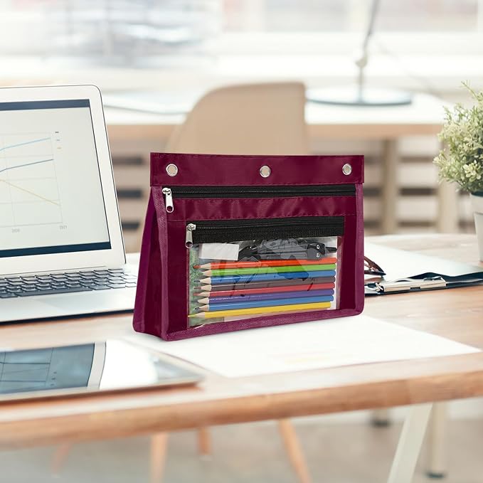 YoeeJob 2 Pack 1 Inch Expandable Zipper Pencil Pouches with Clear Window for 3 Ring Binder, Suitable for School & Office（Wine-red）