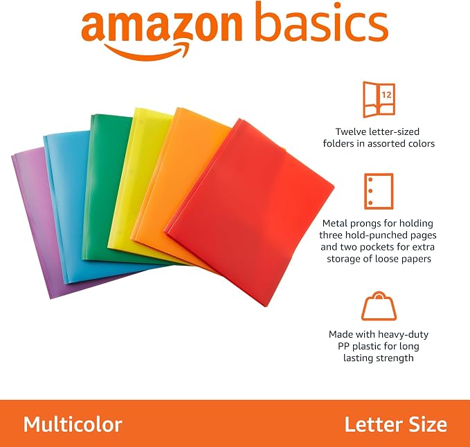 Amazon Basics Heavy Duty Plastic Folders with 2 Pockets for Documents, Letter Size Paper, School Supplies Organization, Assorted Colors, Pack of 24