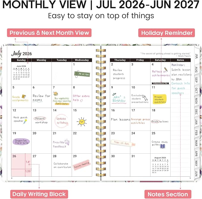 Academic Planner 2026-2027, Weekly and Monthly Calendar Book, July 2026 – June 2027, Hardcover Planner with Tabs, Perfect for Teachers, Students, Women & Men, A5 (6.4" x 8.5") - Songbird Bloom