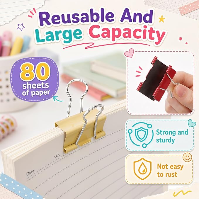 Yexiya 300 Pcs Medium Binder Clips Sturdy 1.25 Inch Muticolor Paper Med Clips Office Supplies Paper Clamps for Office Teachers Students School Business Supplies