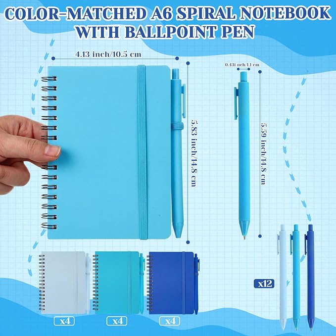 Fulmoon 12 Set Small Spiral Notebooks A6 with Pens Bulk, Multicolor 4" x 6" Pocket Notebooks Mini Lined Journals 50 Sheets for Back to School Supplies Students Gifts Rewards Office (Ocean Blues)