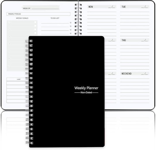 Undated Weekly Planner, Weekly Goals Notebook, A5 To Do List Planner, Habit Tracker Journal with Spiral Binding, 5.7 x 8.0 in, Black