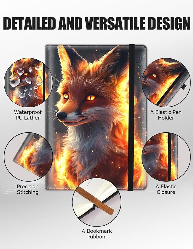 Hardcover Executive Notebooks, A5 PU Leather Lined Journal Notebook, 200 Pages Thick Paper Subject Notebooks for School,Work,Home Writing Business Notebook, Diary Book ，Fire Fox
